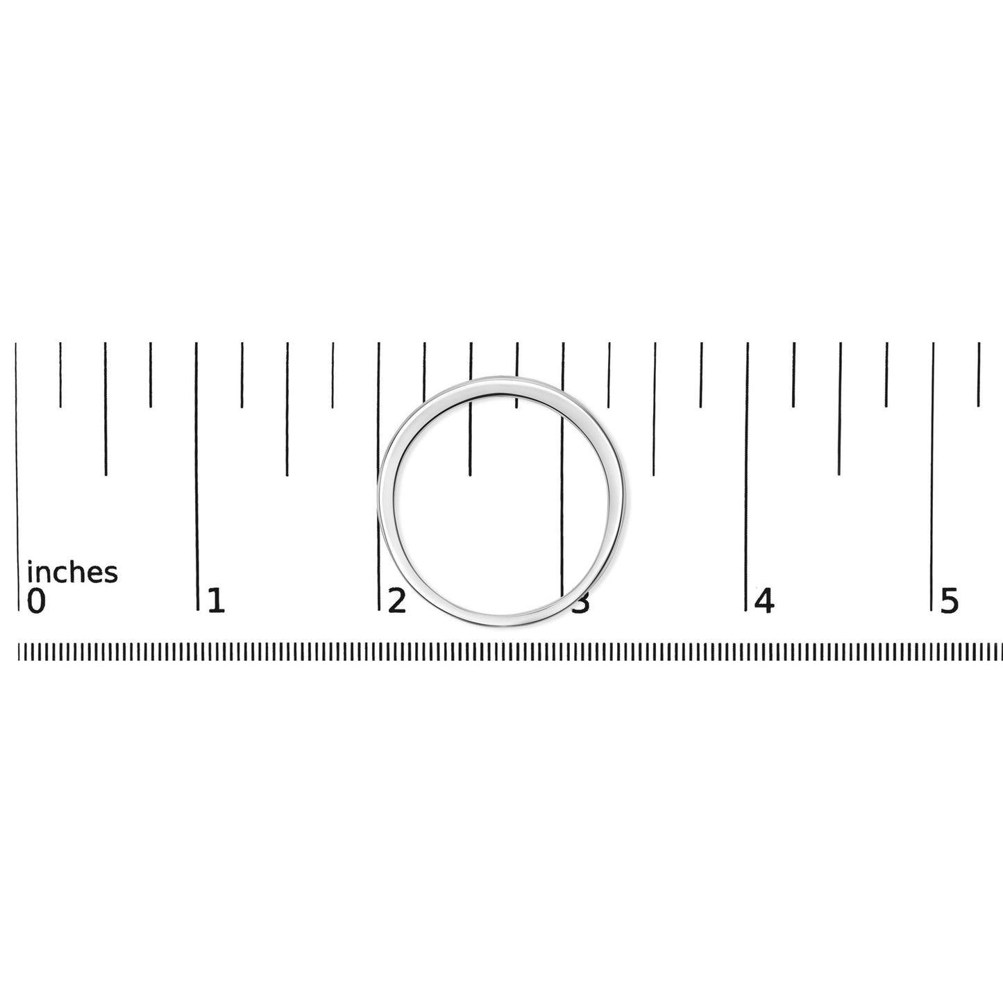 Top-down view of a white metal ring with a channel setting of small round white gemstones, placed on a ruler for size reference.