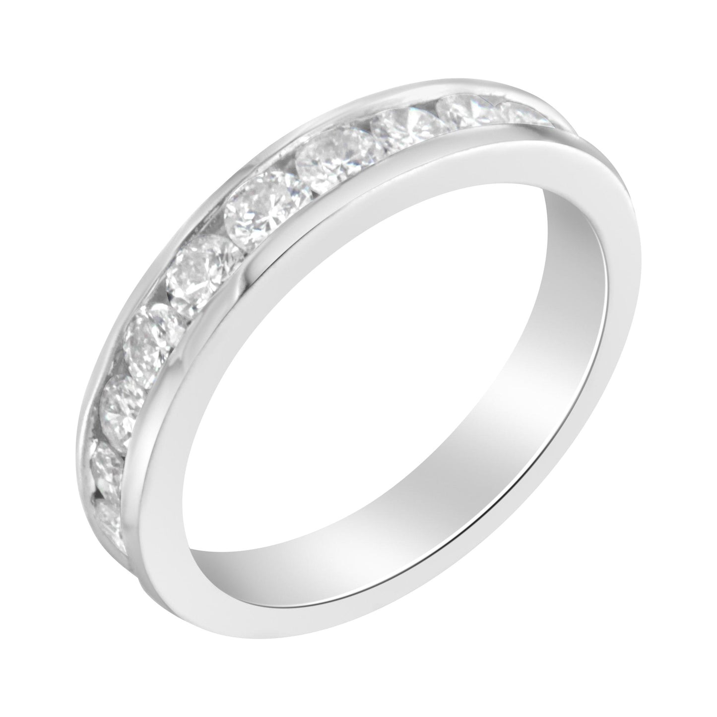 White metal ring with a channel setting of round white gemstones, shown at a slight angle.