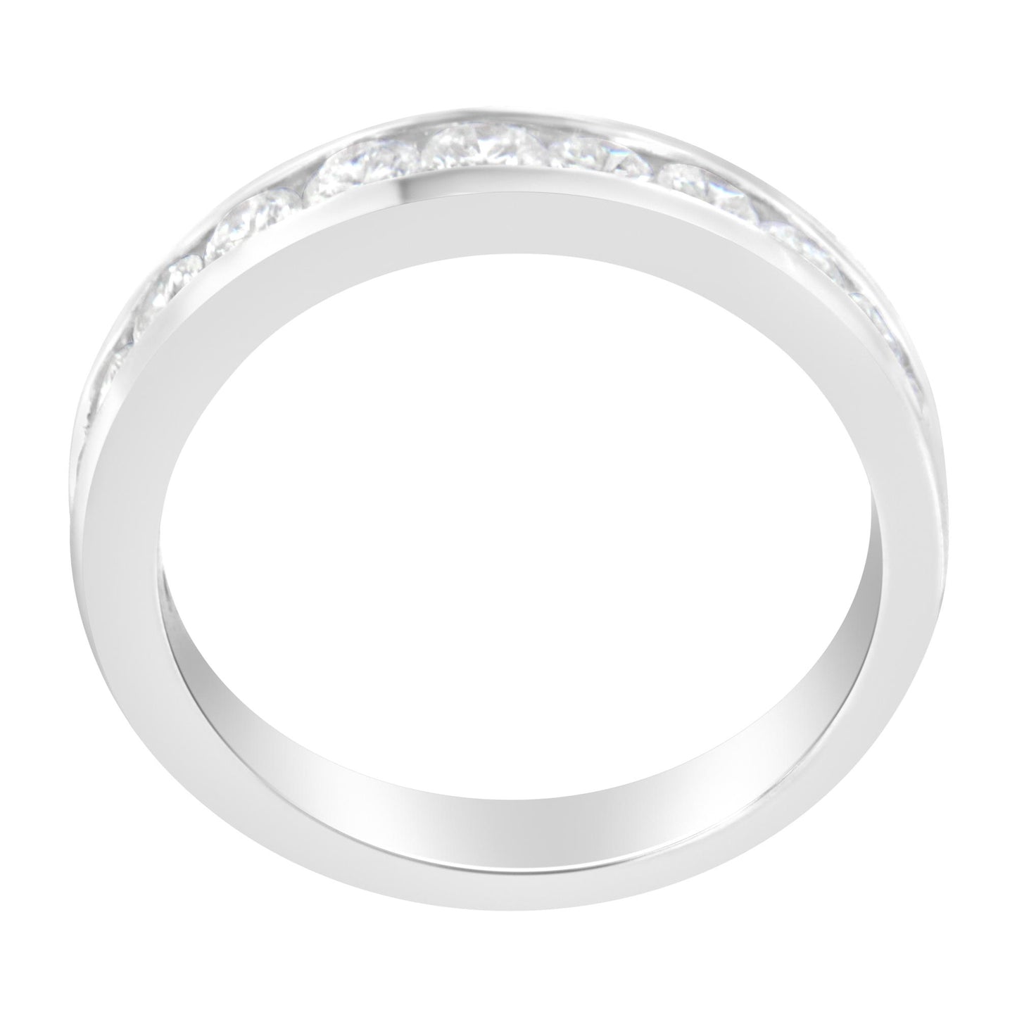 Top-down view of a white metal ring with round white gemstones set in a channel setting around the band.