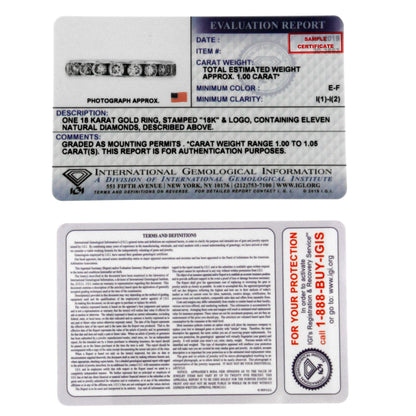 Alt text: Close-up image of a white-colored ring with a channel setting featuring round white gemstones, shown on an evaluation report card, captured from a top-front angle.