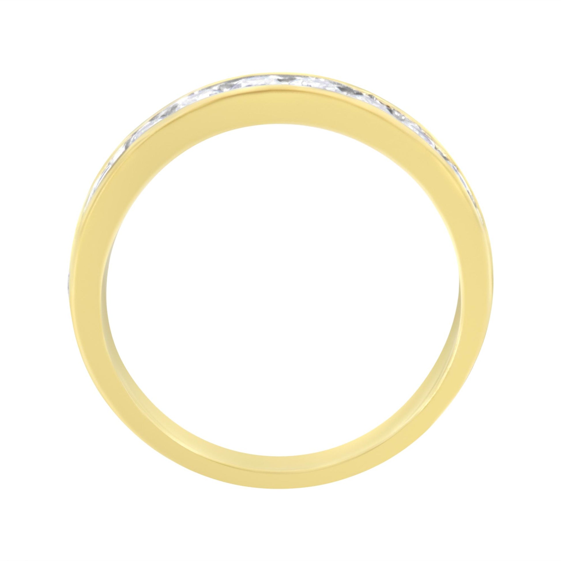 Top-down view of a yellow ring with round white gemstones in a channel setting around the band.