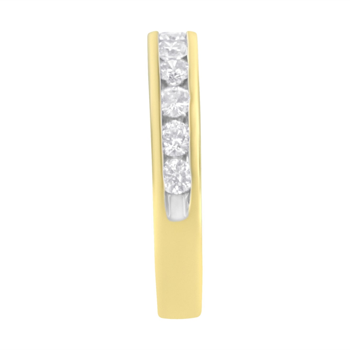 Close-up front view of a yellow metal ring with a channel setting featuring round white gemstones in a vertical row.