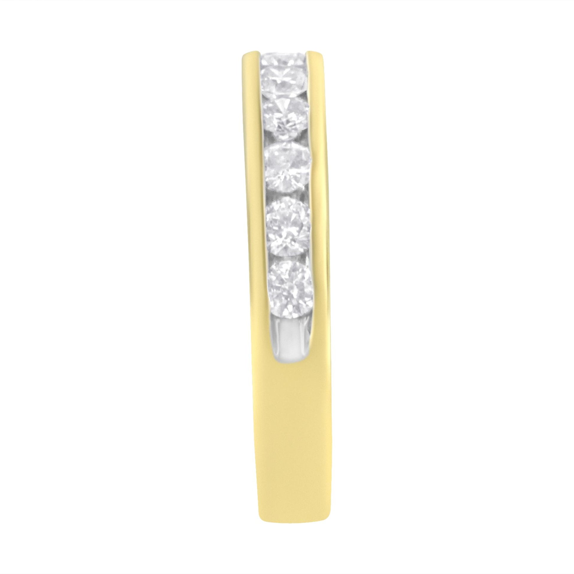 Close-up front view of a yellow metal ring with a channel setting featuring round white gemstones in a vertical row.