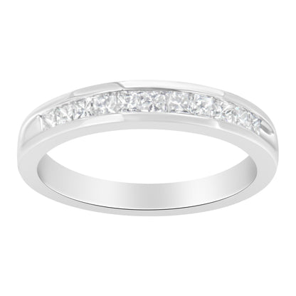 White metal ring with channel-set princess-cut white gemstones, shown from a slightly angled top view.