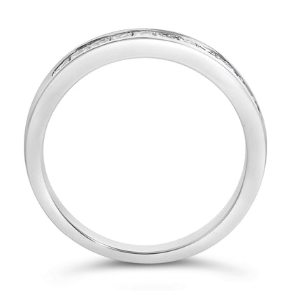 Top-down view of a white metal ring featuring a channel setting with princess-shaped white gemstones encircling the band.