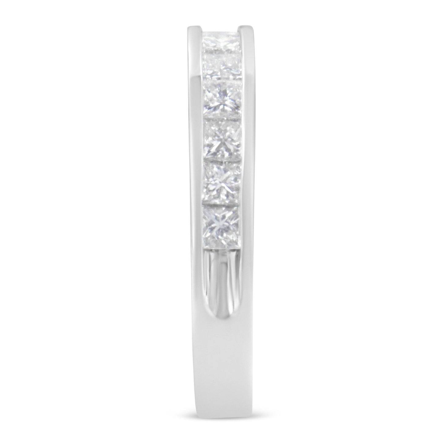 Side view of a white ring featuring a channel setting of square white gemstones.