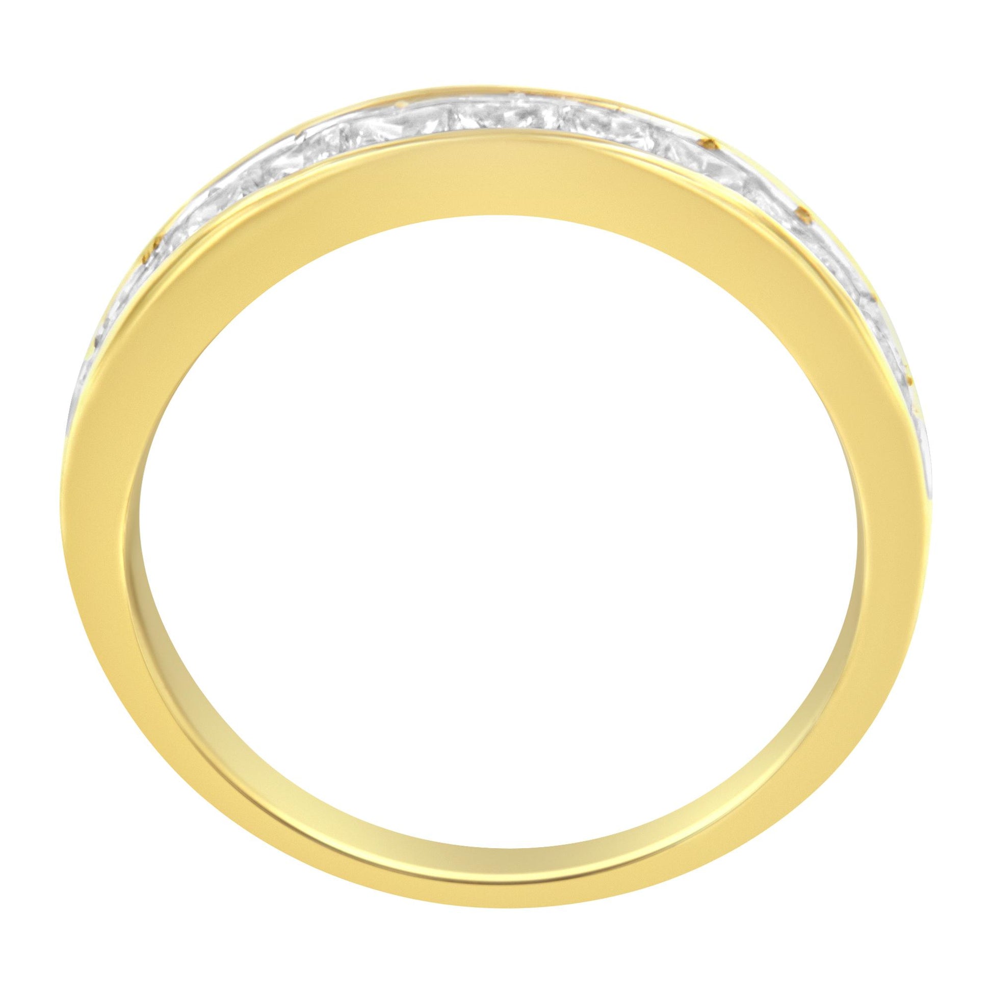 Top-down view of a yellow ring featuring a channel setting with white princess-shaped gemstones encircling the band.