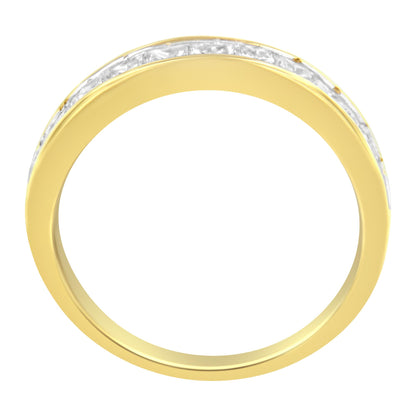 Top-down view of a yellow ring featuring a channel setting with white princess-shaped gemstones encircling the band.