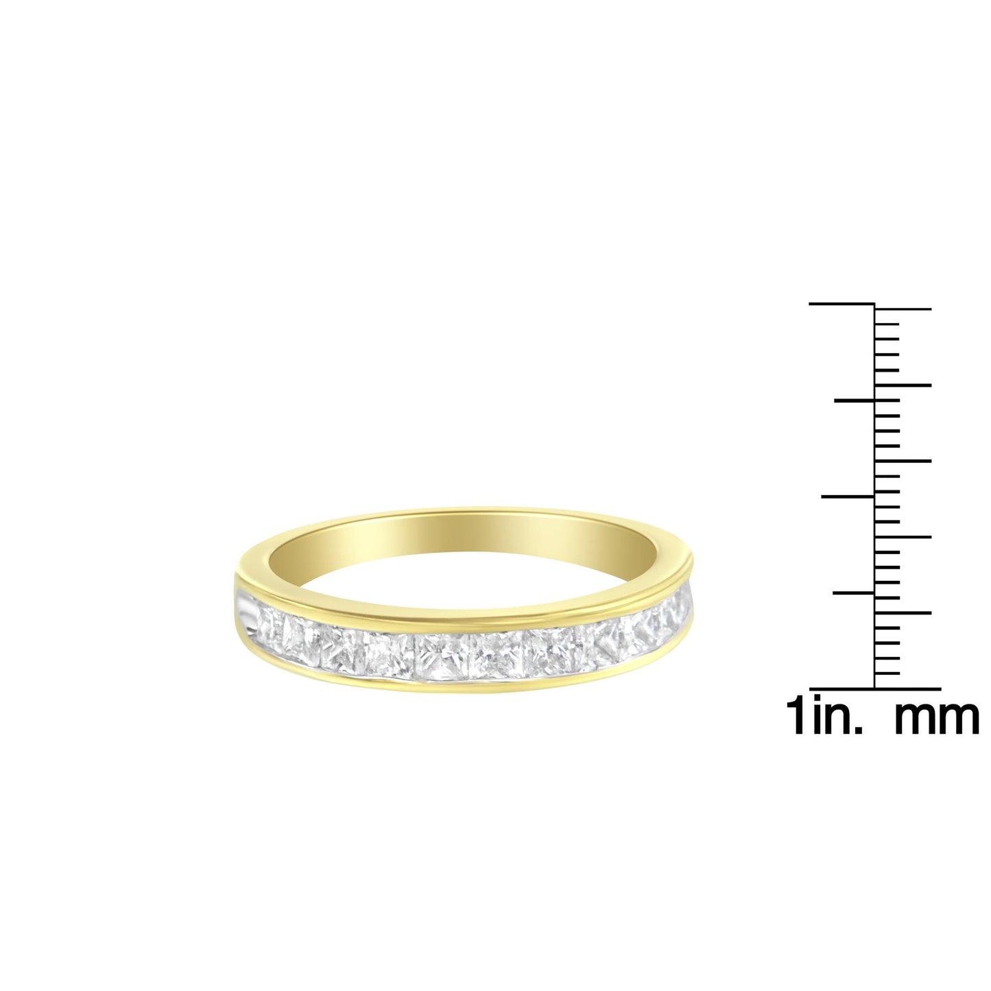 Yellow ring with channel-set white princess-shaped gemstones viewed from a side angle, shown next to a ruler for size reference.