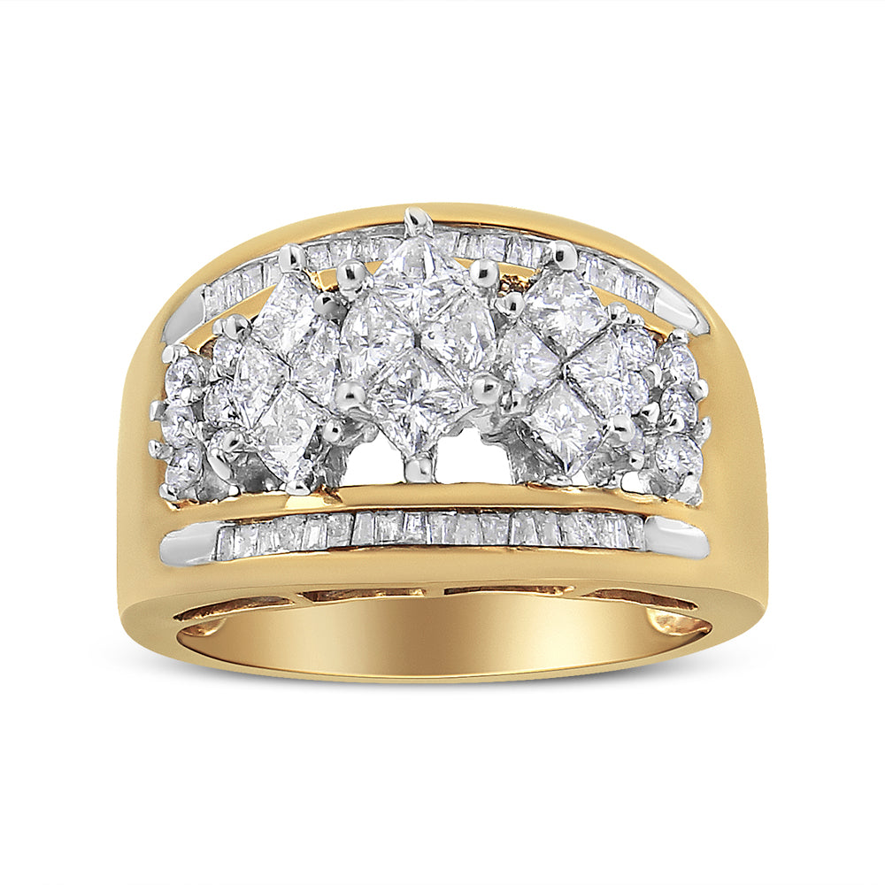 Front view of two-toned ring with white round, baguette, and pie-shaped gemstones in prong and channel settings.