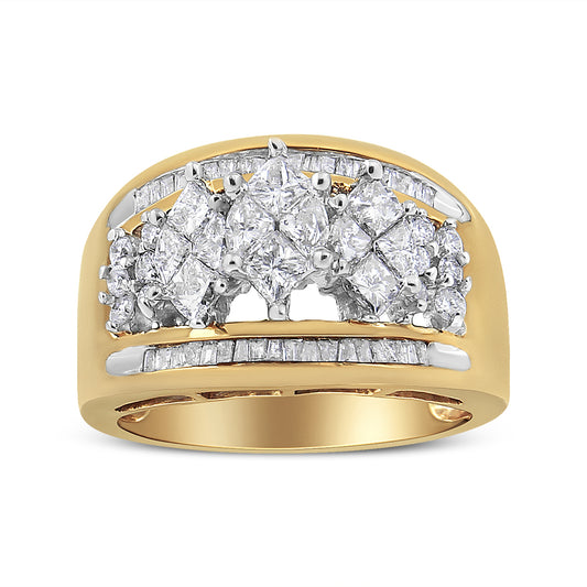 Front view of two-toned ring with white round, baguette, and pie-shaped gemstones in prong and channel settings.