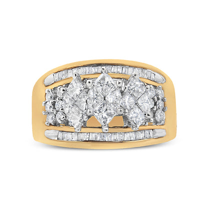 Front view of a two-toned ring with round, baguette, and pie-shaped white gemstones in prong and channel settings.