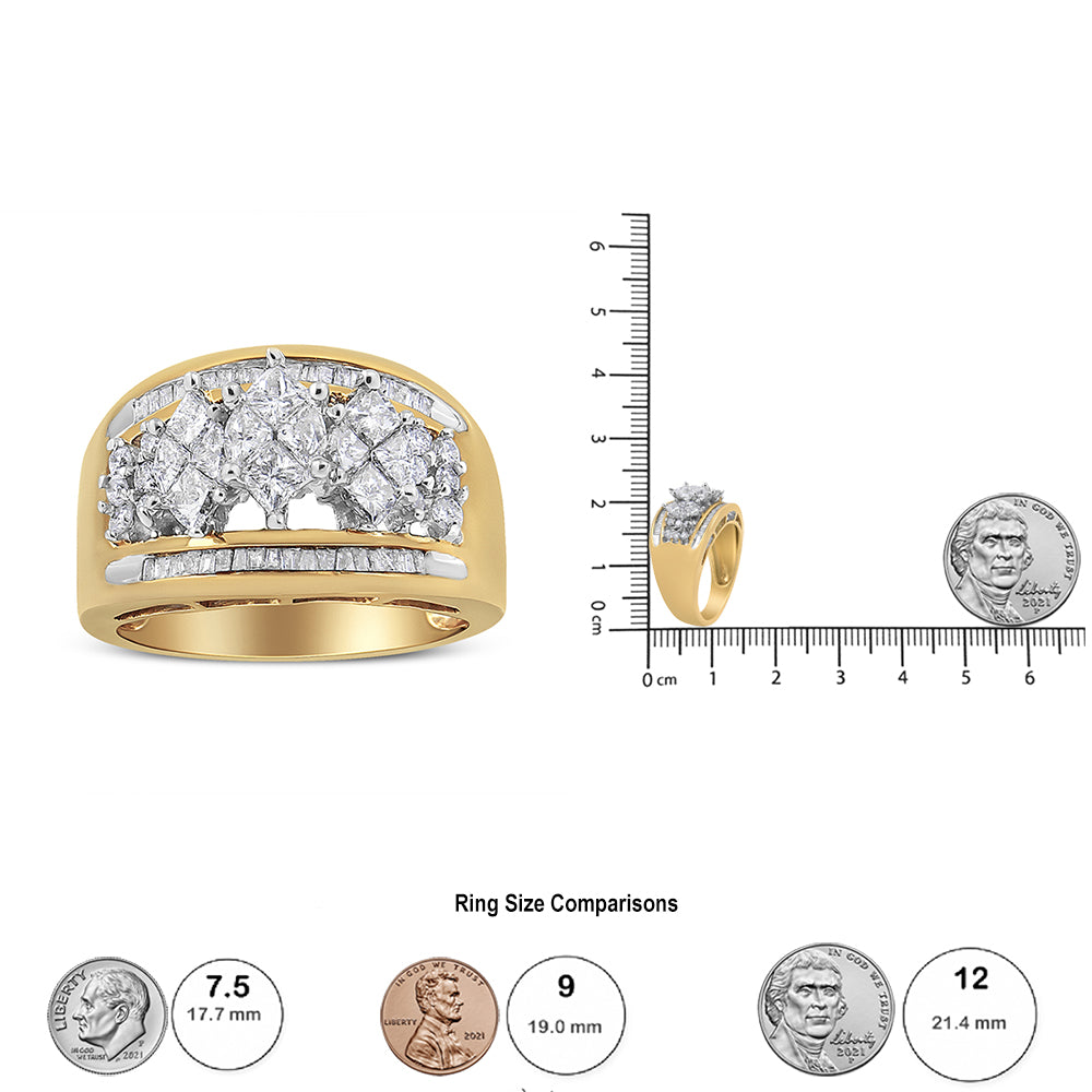 Two-toned ring with multiple white gemstones in round, baguette, and pie shapes, shown from the front and side angles, displayed next to a ruler and coin for size reference.
