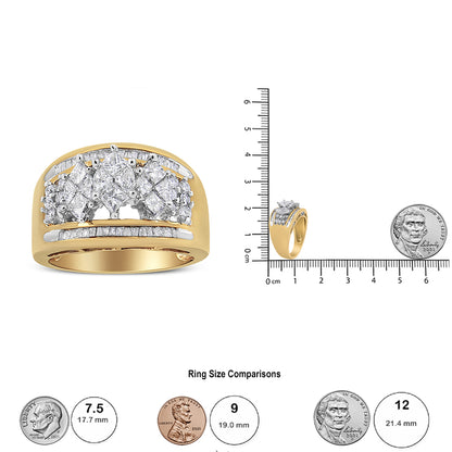 Two-toned ring with multiple white gemstones in round, baguette, and pie shapes, shown from the front and side angles, displayed next to a ruler and coin for size reference.