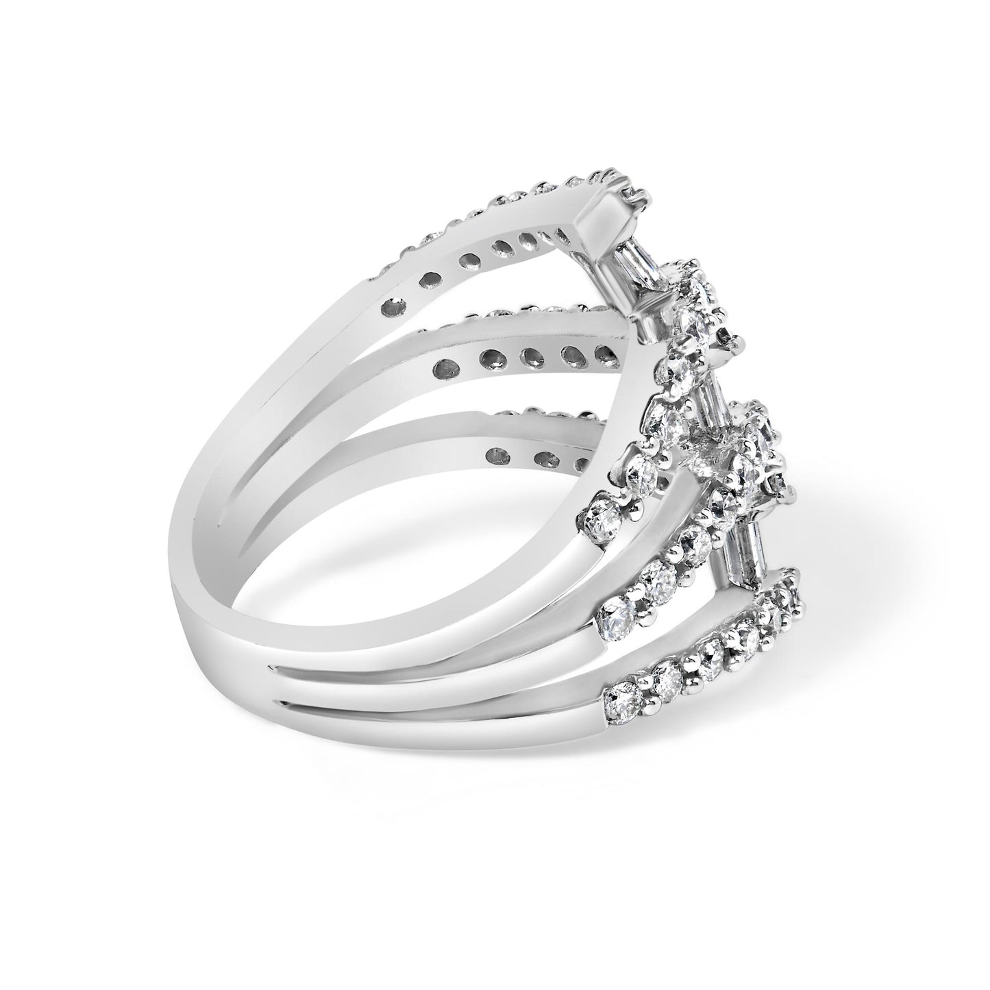 White metal ring with a triple band design, set with round white gemstones in prong settings and baguette-shaped white gemstones in channel settings, shown at an angled side view.