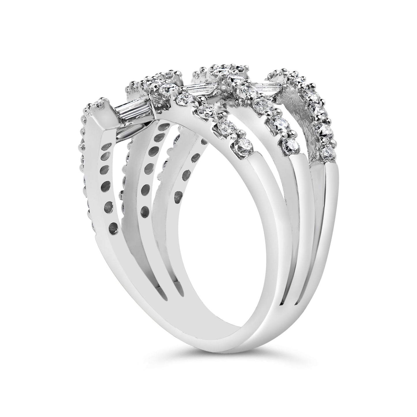 White metal ring with four split bands featuring round white gemstones in prong settings and baguette white gemstones in channel settings, shown from a front angle.