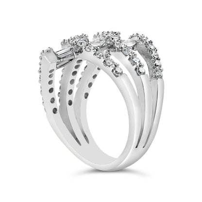 White metal ring with four split bands featuring round white gemstones in prong settings and baguette white gemstones in channel settings, shown from a front angle.