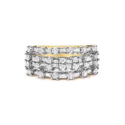 Close-up front view of a yellow metal ring featuring three interconnected bands adorned with round white gemstones in prong settings and baguette white gemstones in channel settings.