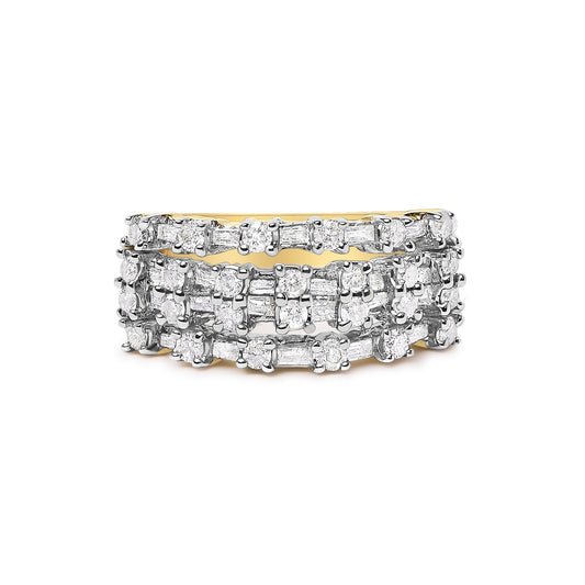 Close-up front view of a yellow metal ring featuring three interconnected bands adorned with round white gemstones in prong settings and baguette white gemstones in channel settings.