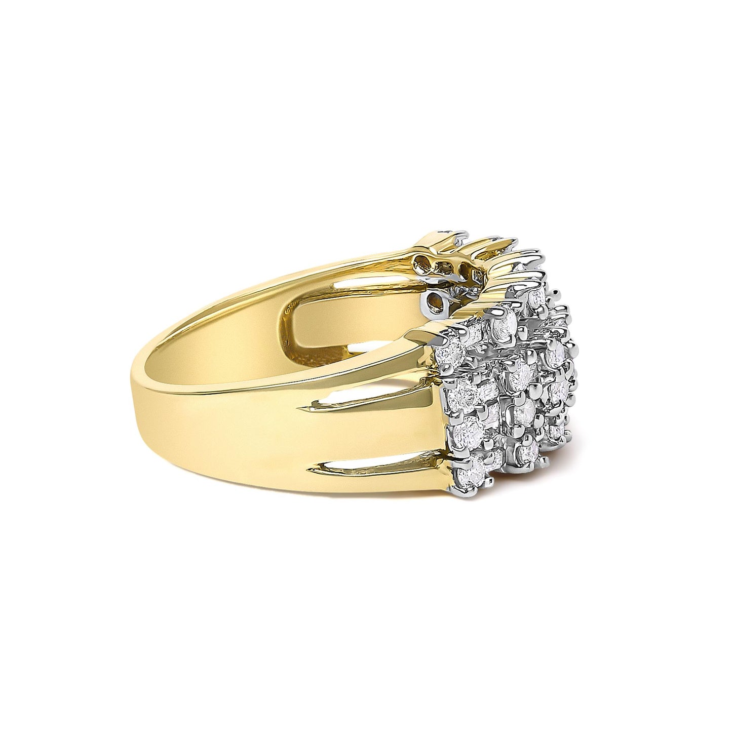 Yellow metal ring with a square cluster of white round prong-set gemstones surrounded by channel-set white baguette gemstones, shown at a side angle.