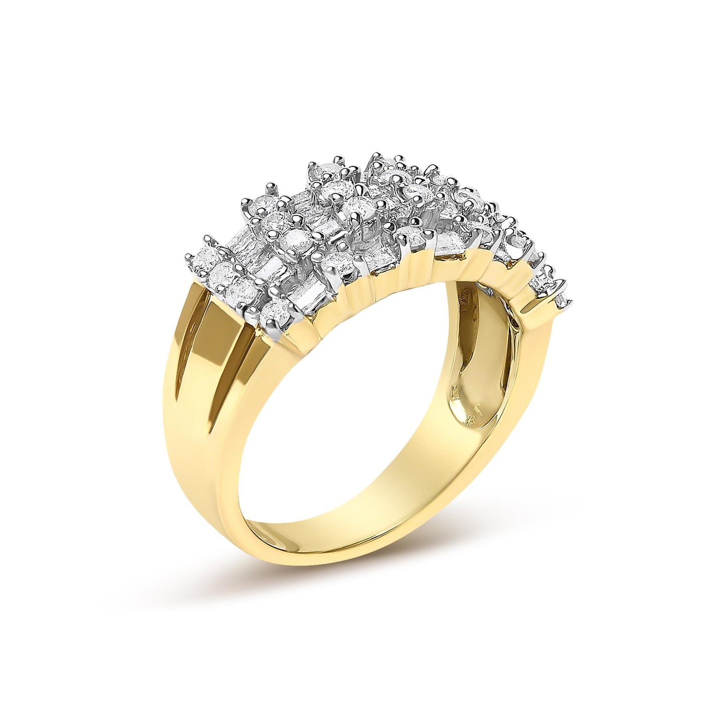 Yellow metal ring with an elevated design featuring rows of round and baguette white gemstones, shown at an angled side view.