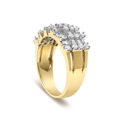 Yellow metal ring with two sections of white gemstones, round gemstones in prong settings and baguette gemstones in channel settings, shown in a front-side close-up angle on a white background.