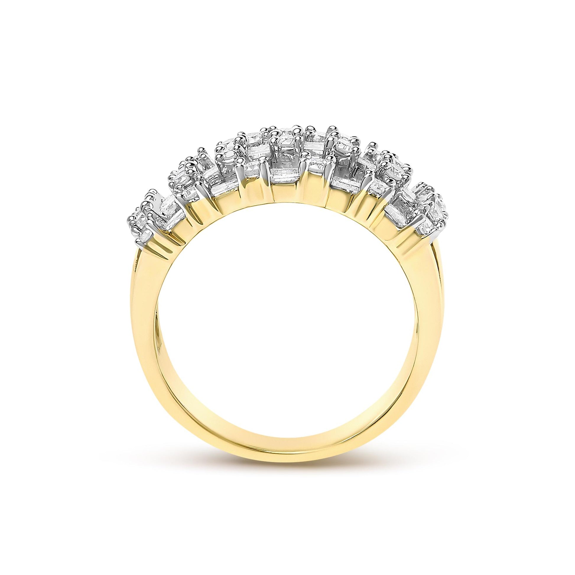 Yellow metal ring shown from the side angle, featuring a row of white round gemstones in prong settings alternating with white baguette gemstones in channel settings.