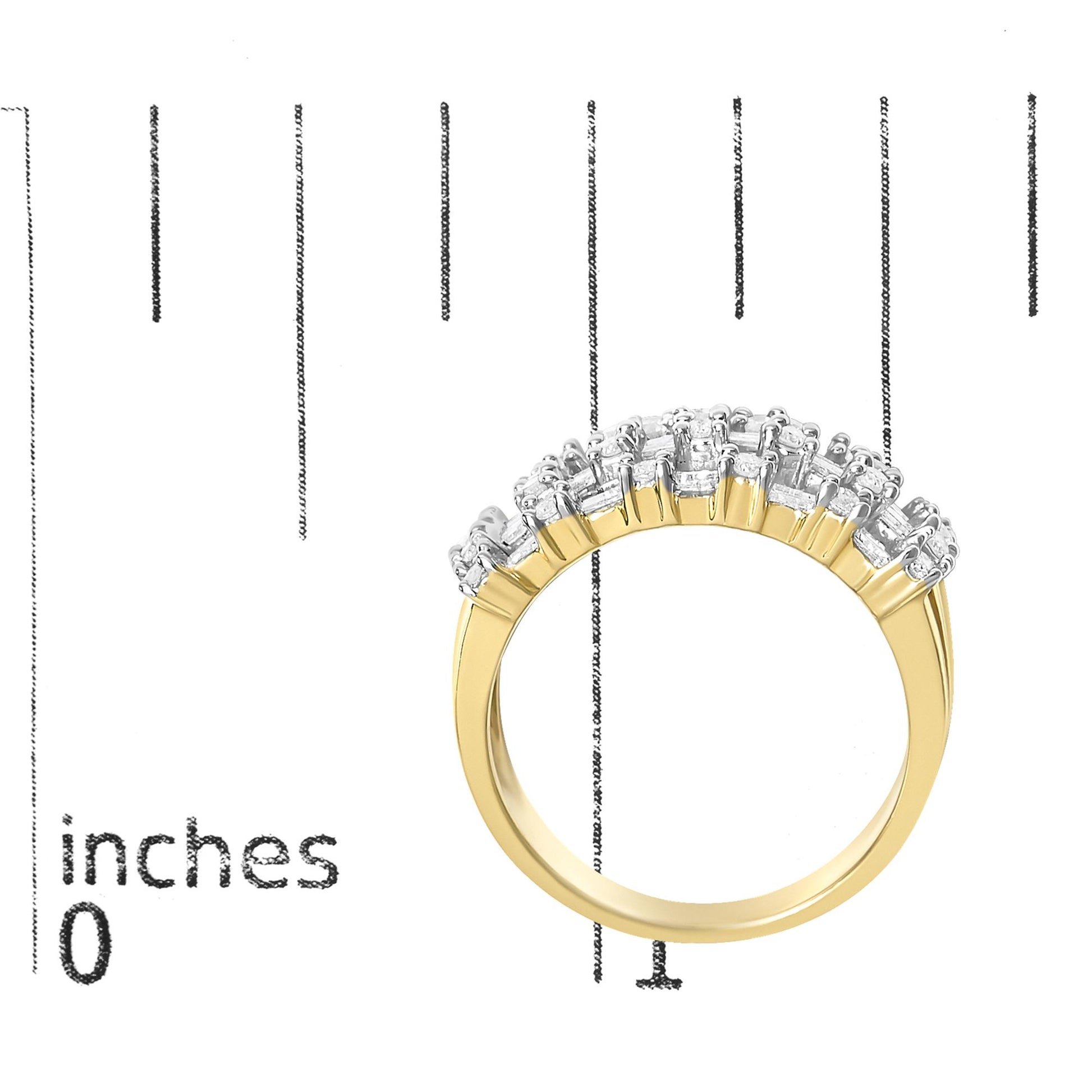 Ring with yellow band and white round and baguette shaped gemstones set on top, shown on a scale with inch markings, side view.