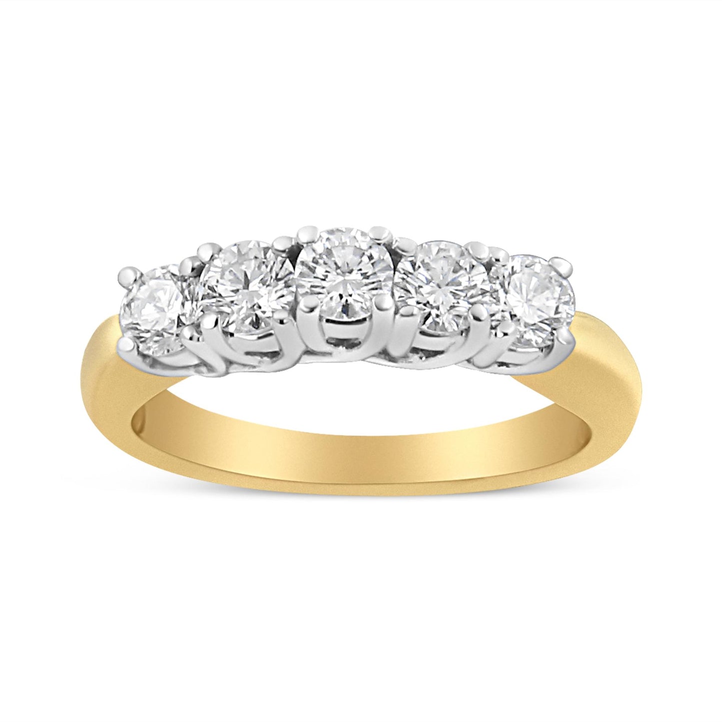 Front angle view of a yellow metal ring featuring a row of round white gemstones in prong settings.
