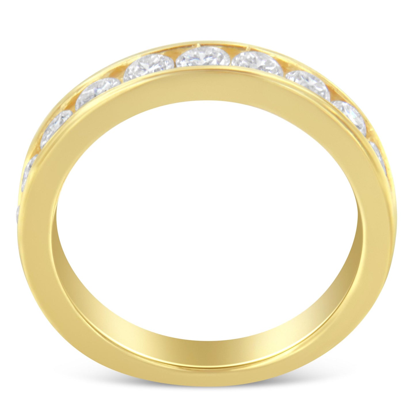 Front view of a yellow ring with a channel setting featuring round white gemstones encircling the band.