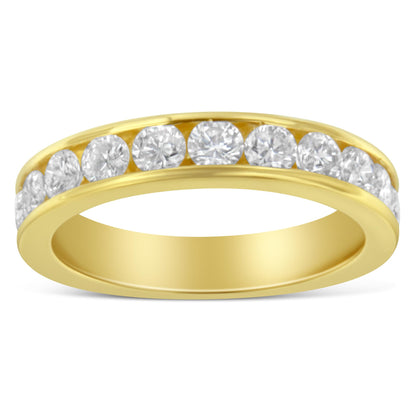 Yellow metal ring with a row of round white gemstones set in a channel, shown from a side angle.