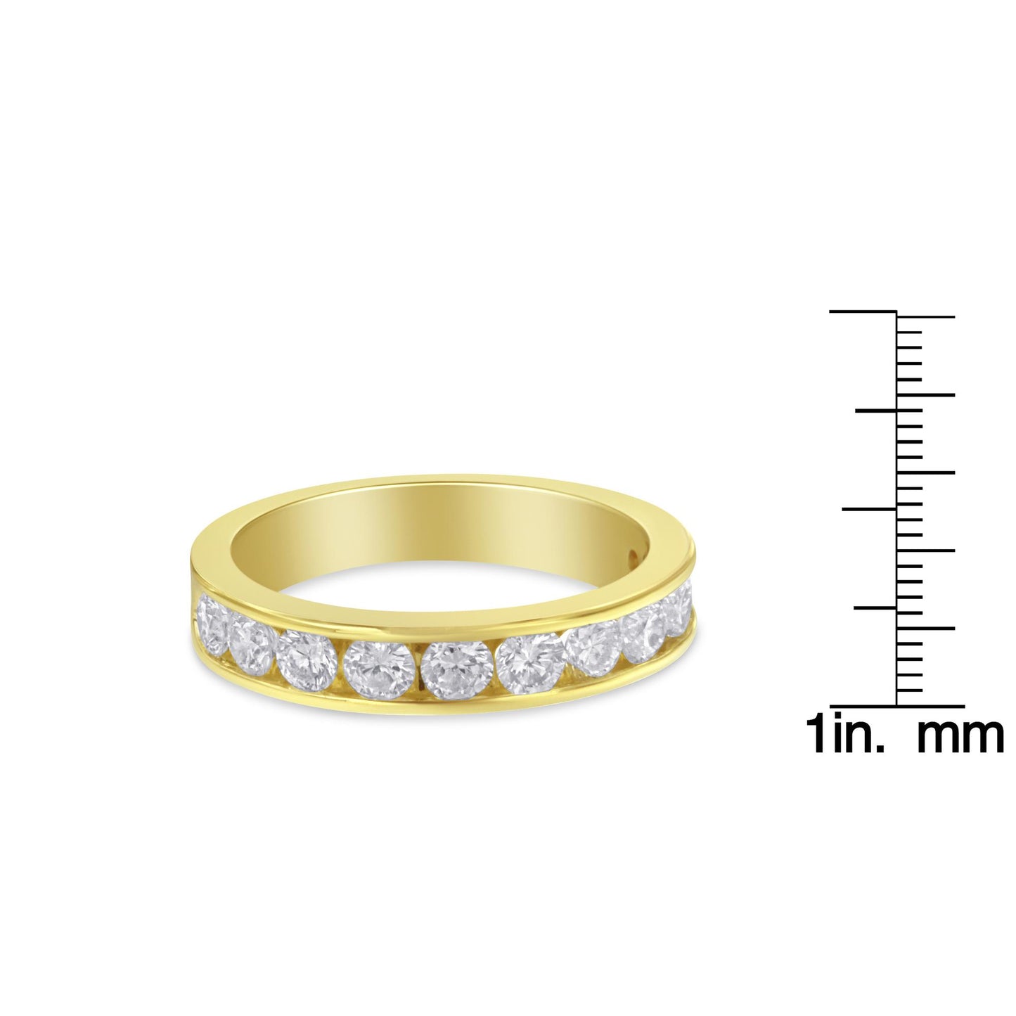 Yellow metal ring with channel set white round gemstones, shown at a slight angle, placed next to a ruler for size reference.