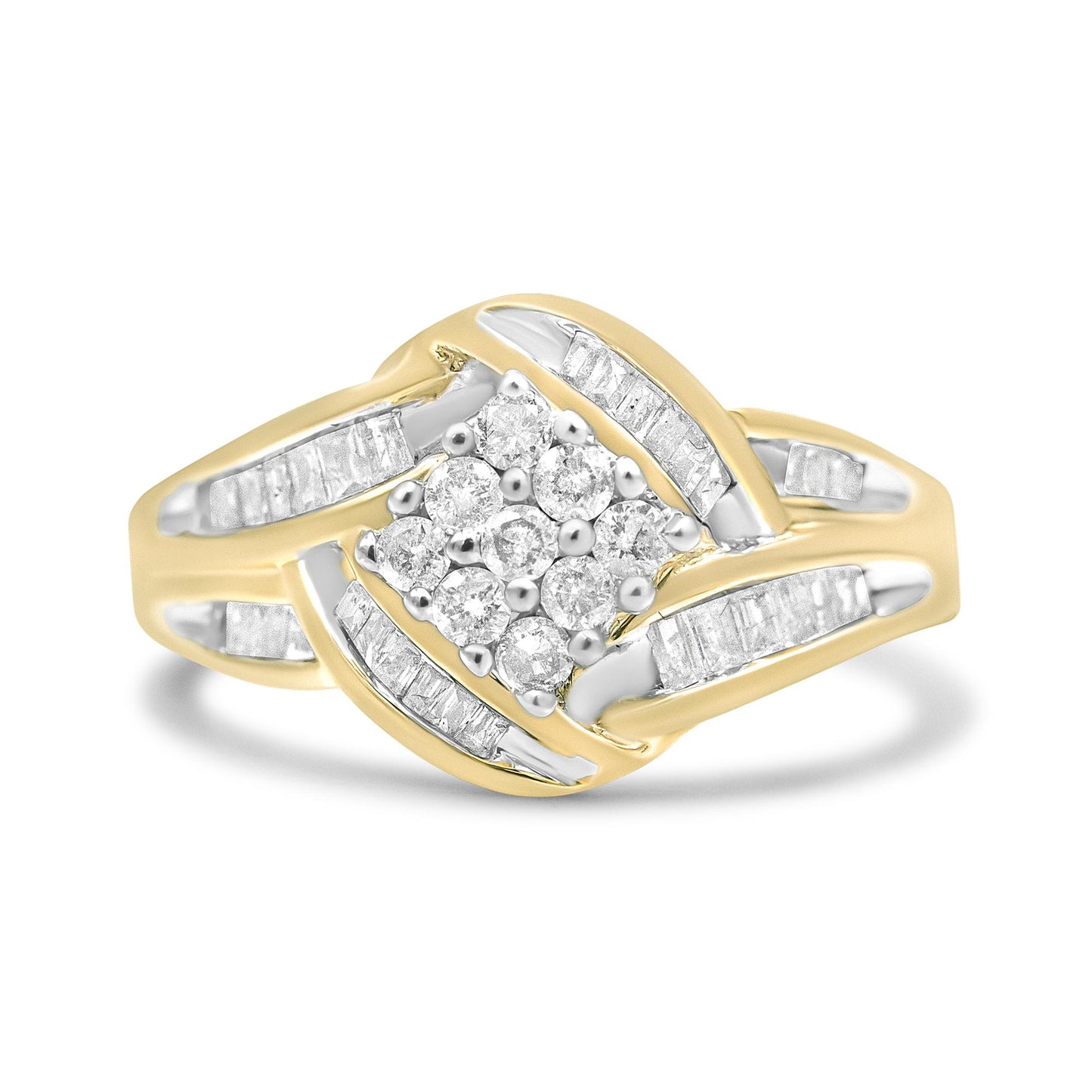 Close-up front angle of a yellow and white metal ring featuring a cluster of round prong-set white gemstones in the center, surrounded by rows of channel-set baguette white gemstones.