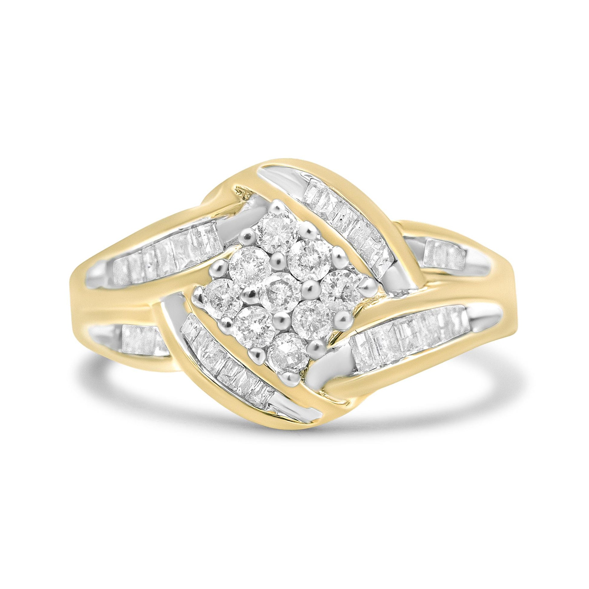 Close-up front angle of a yellow and white metal ring featuring a cluster of round prong-set white gemstones in the center, surrounded by rows of channel-set baguette white gemstones.