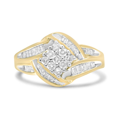 Close-up front angle of a yellow and white metal ring featuring a cluster of round prong-set white gemstones in the center, surrounded by rows of channel-set baguette white gemstones.