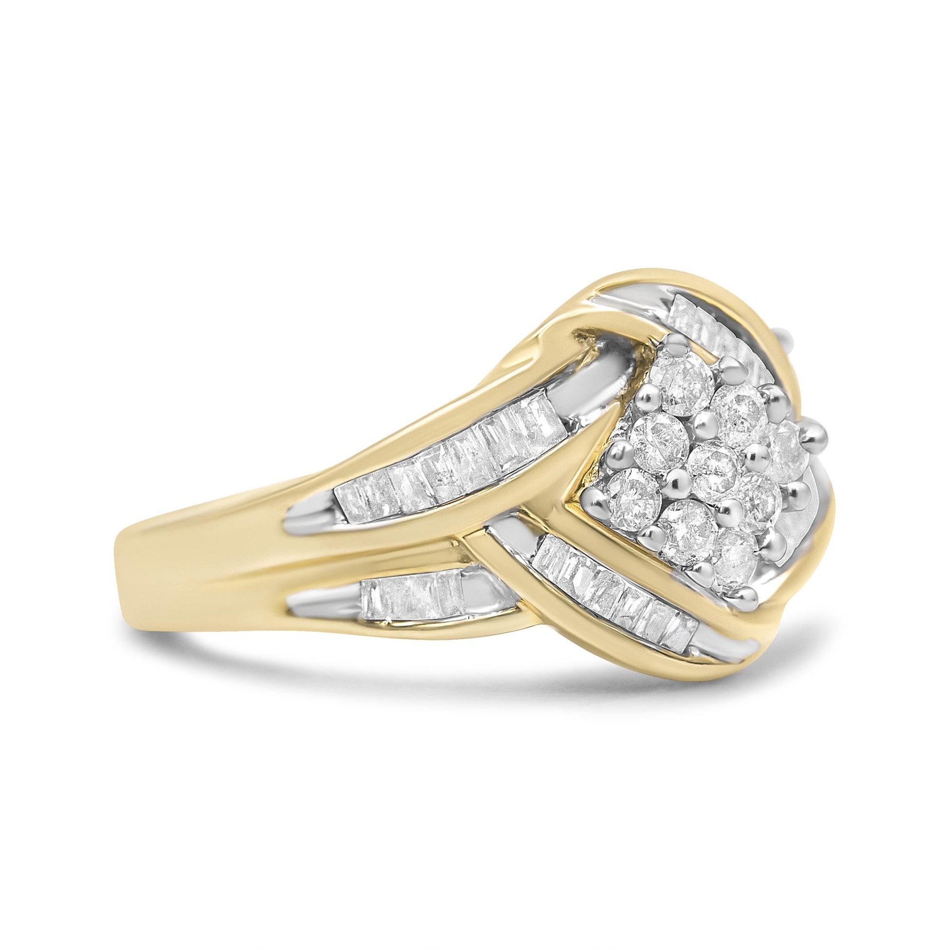 Side view of a yellow and white metal ring featuring a cluster of round prong-set white gemstones at the center and baguette channel-set white gemstones along the band.