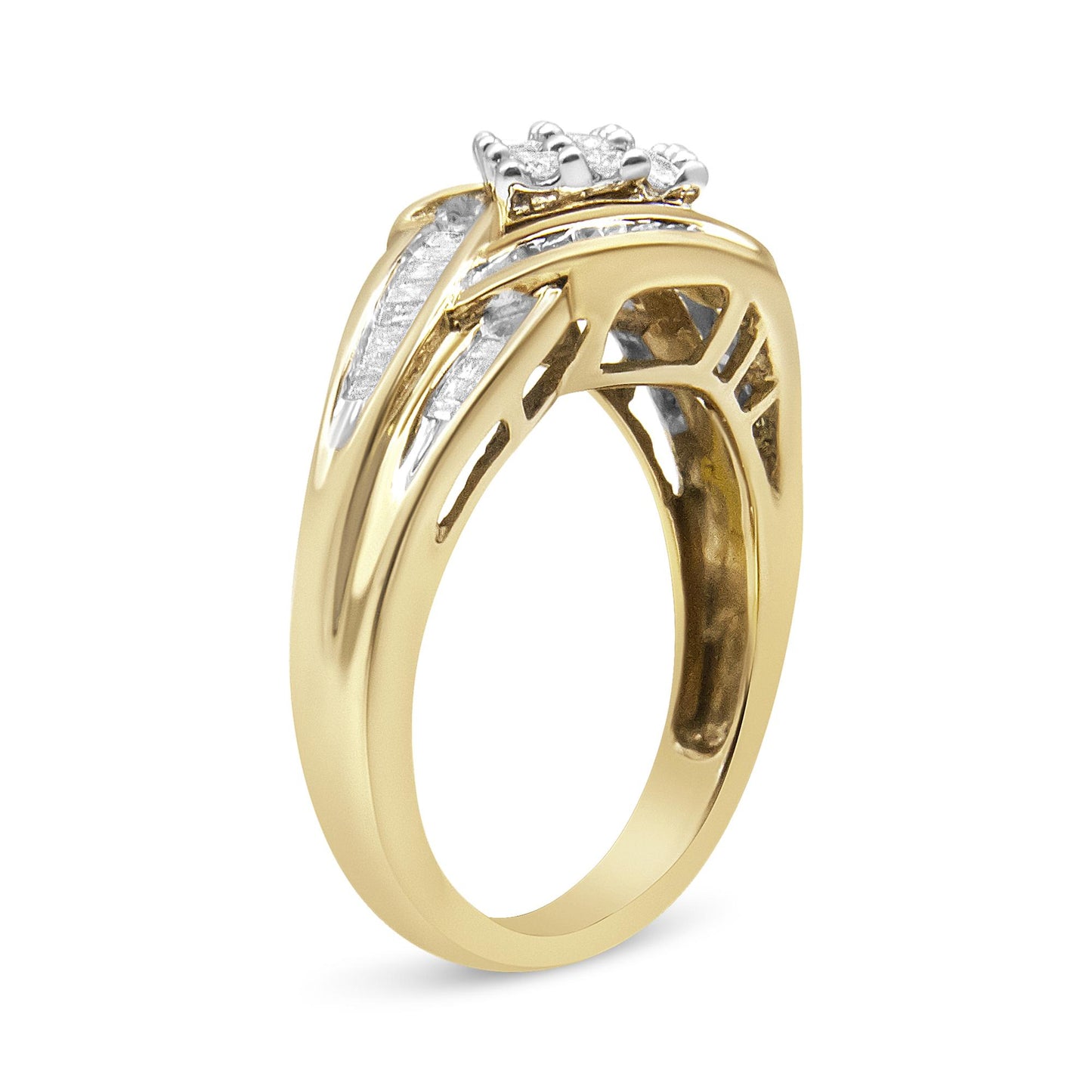 Angle side view of a yellow and white metal ring featuring white round gemstones in prong settings and white baguette gemstones in channel settings.
