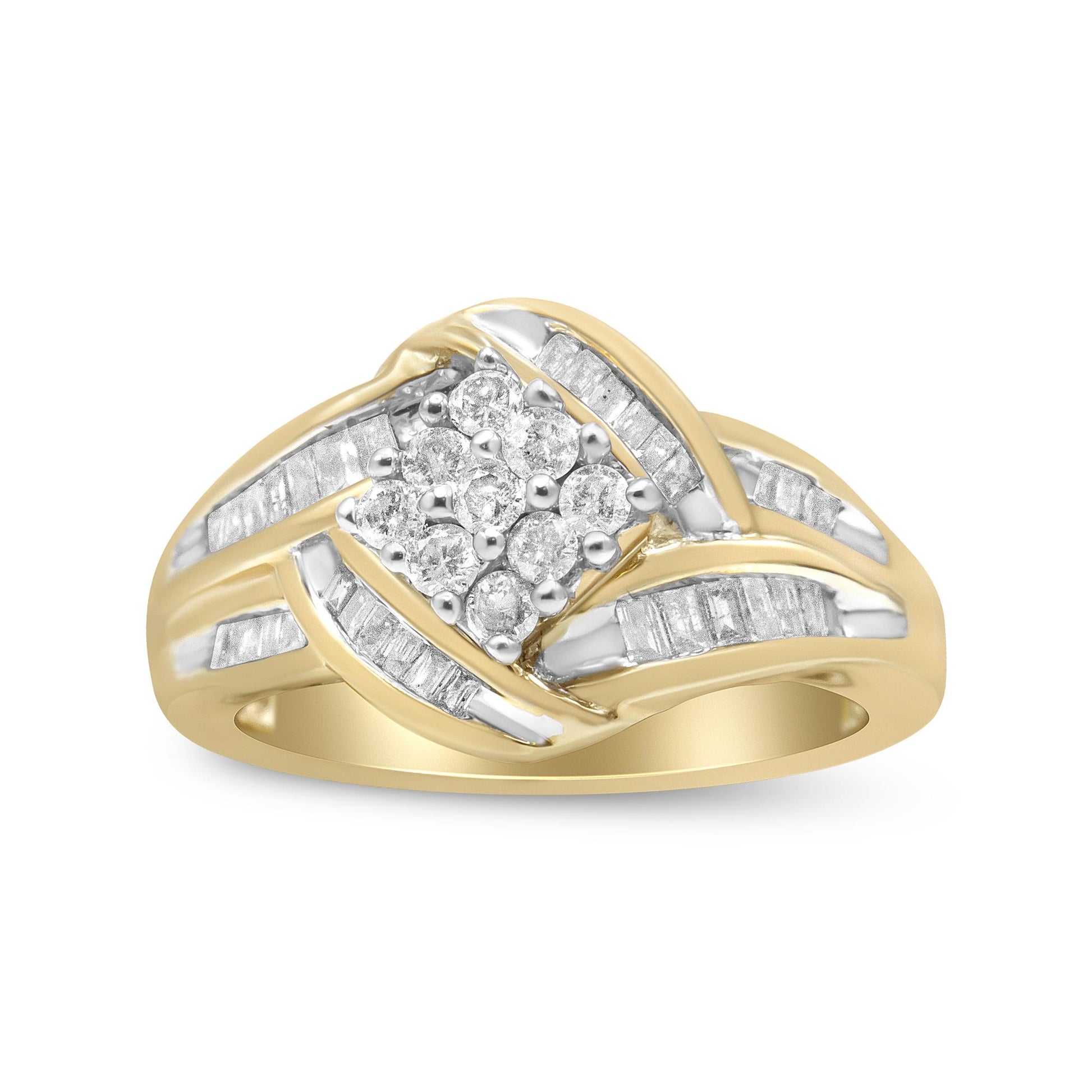 Front view of a yellow and white metal ring featuring a cluster of round white gemstones in prong settings at the center, surrounded by rows of baguette-shaped white gemstones in channel settings.