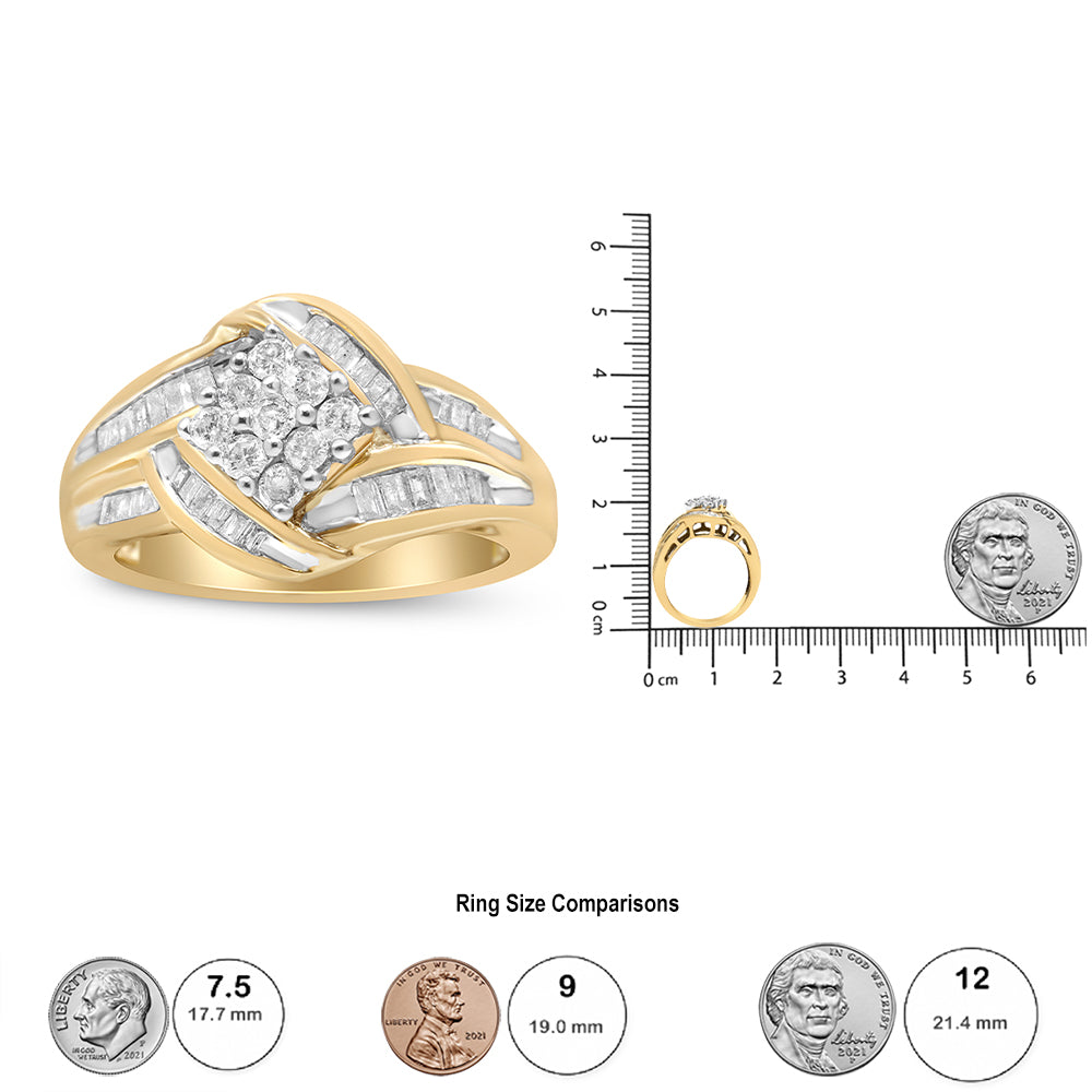 Front angle view of a yellow and white metal ring with round prong-set white gemstones in the center and channel-set baguette-shaped white gemstones on the sides; side profile shown next to a ruler and coin for size reference.