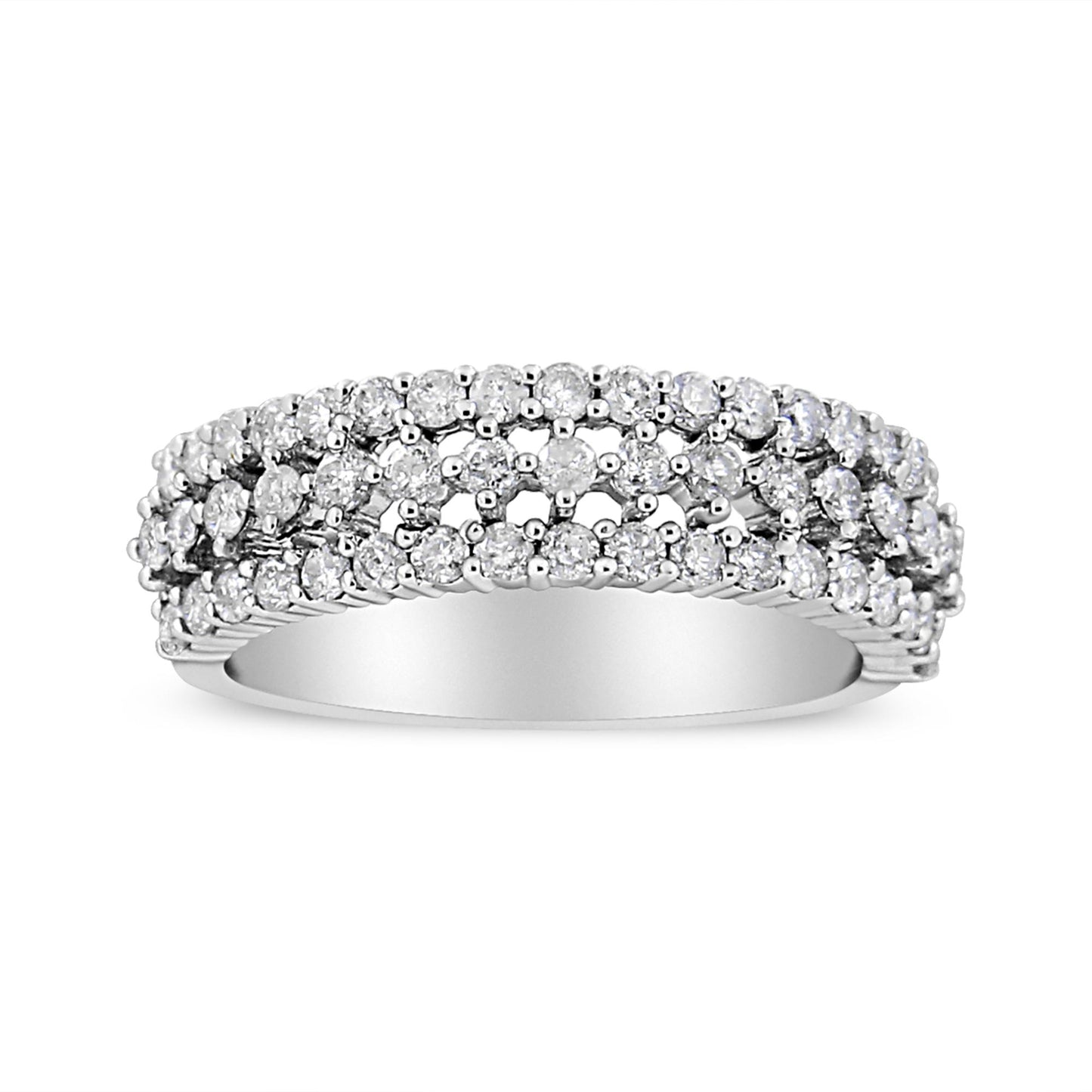 Front angled view of a white metal ring with three rows of round white gemstones in prong settings.