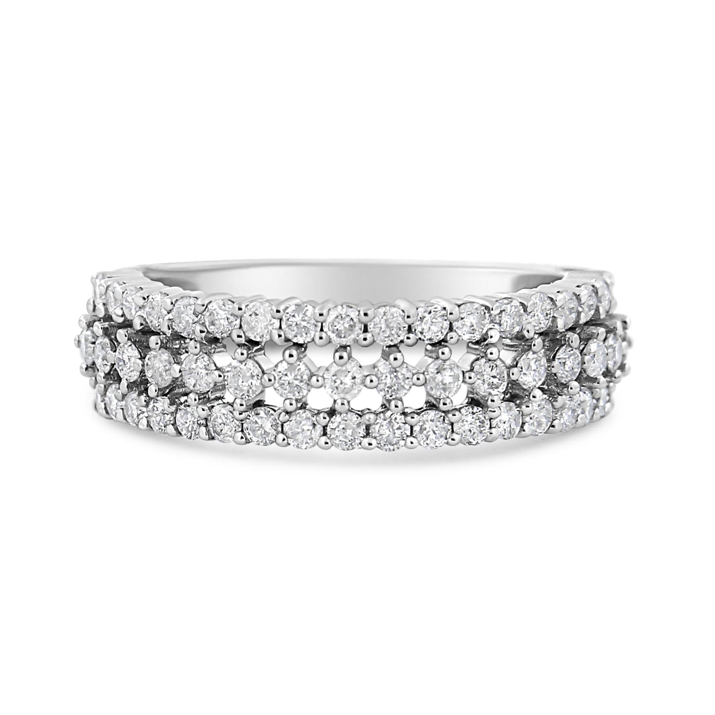 Close-up front view of a white metal ring featuring three rows of round white gemstones in prong settings.