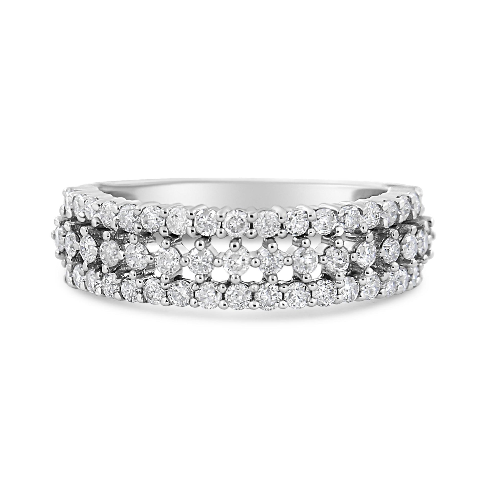 Close-up front view of a white metal ring featuring three rows of round white gemstones in prong settings.