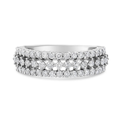 Close-up front view of a white metal ring featuring three rows of round white gemstones in prong settings.