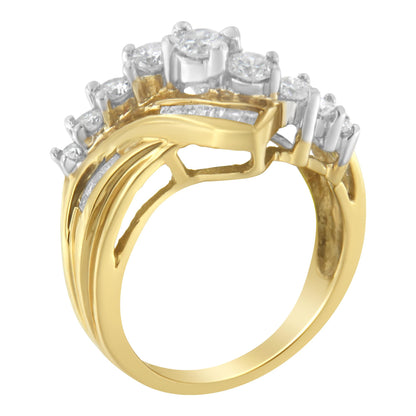 Yellow and white metal ring with multiple round white gemstones in prong settings and several rectangular white gemstones in channel settings, shown from a side angle.