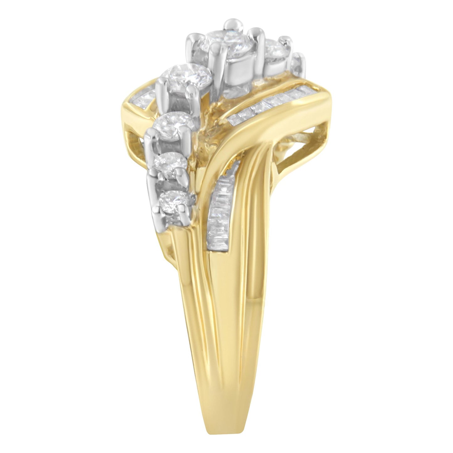 Yellow and white metal ring shown from a front angle featuring multiple round white gemstones in prong settings and rectangular white gemstones in channel settings.