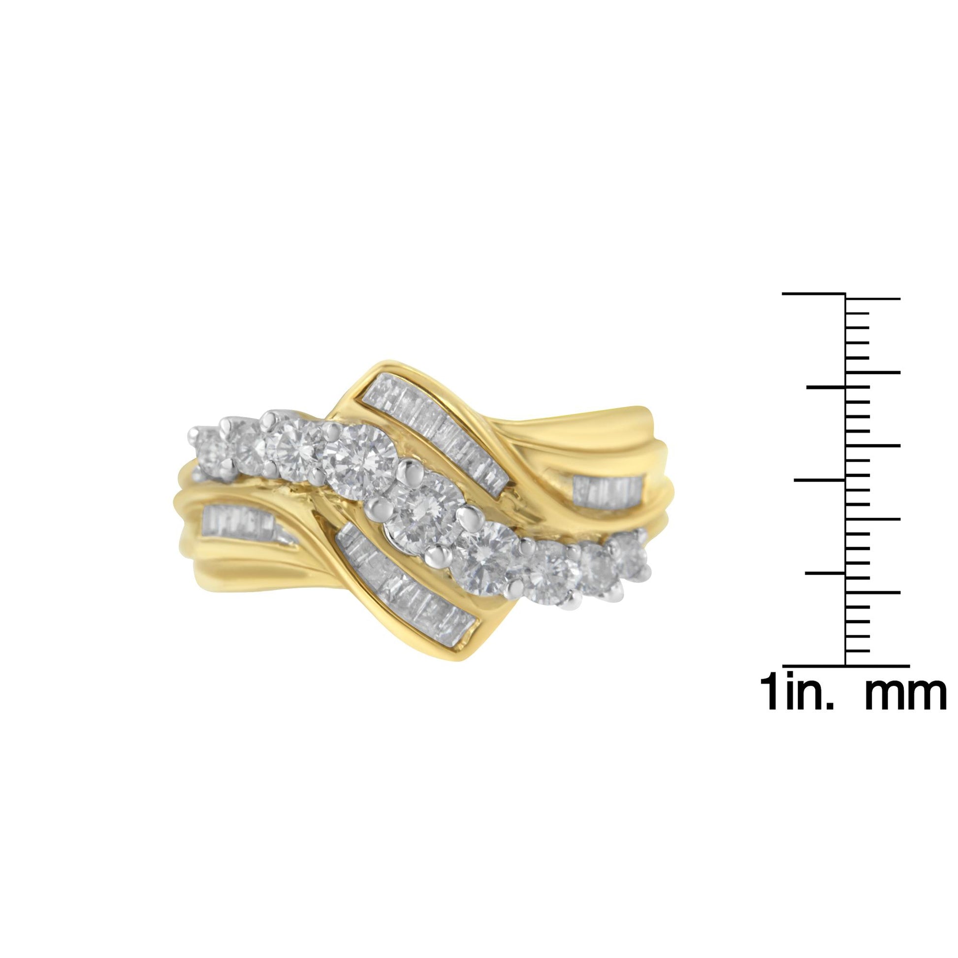 Yellow and white ring with a twisting design, featuring prong-set round white gemstones and channel-set baguette white gemstones, shown from a side angle next to a ruler for size reference.
