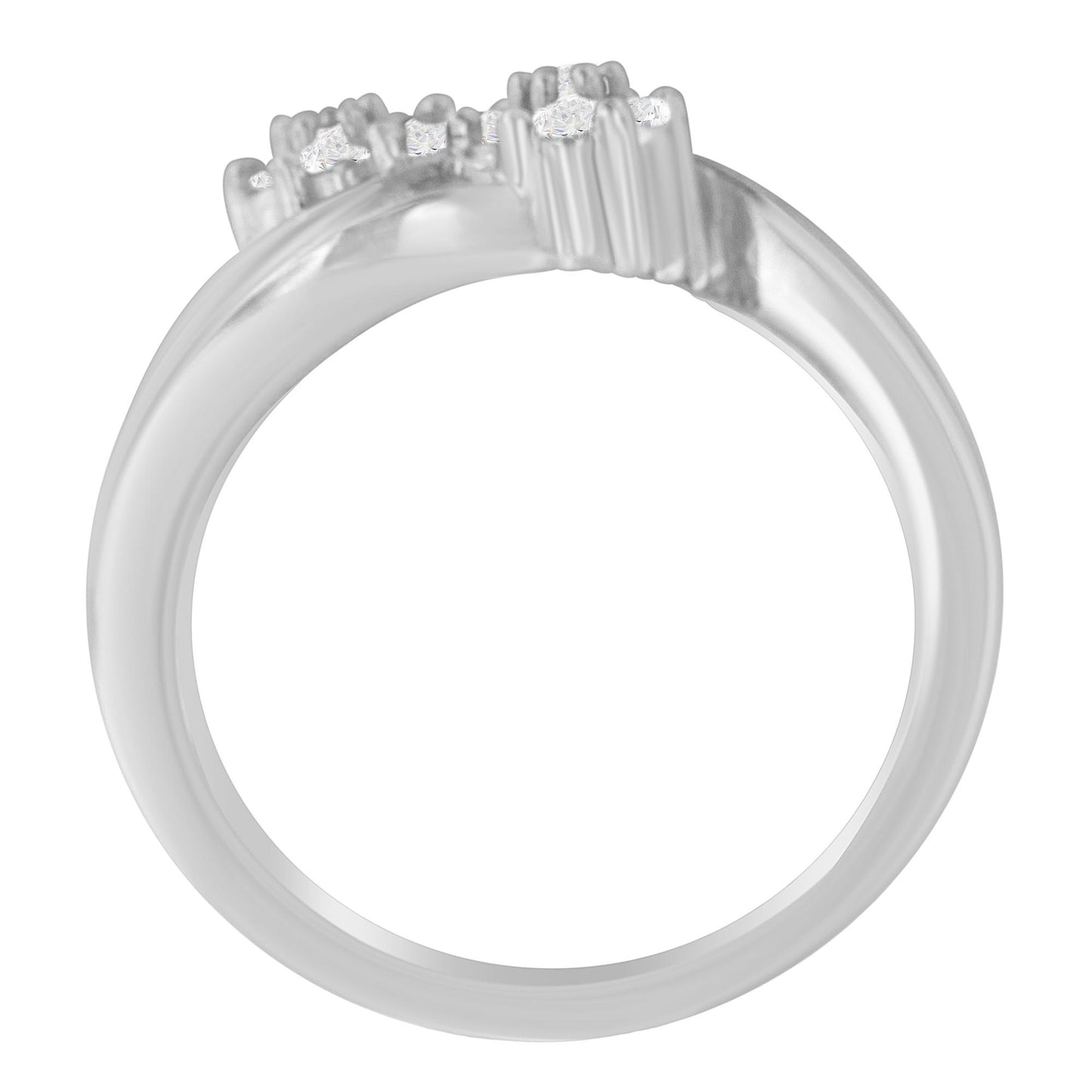 White metal ring with round and baguette-shaped white gemstones in prong and channel settings, shown in a close-up side angle.