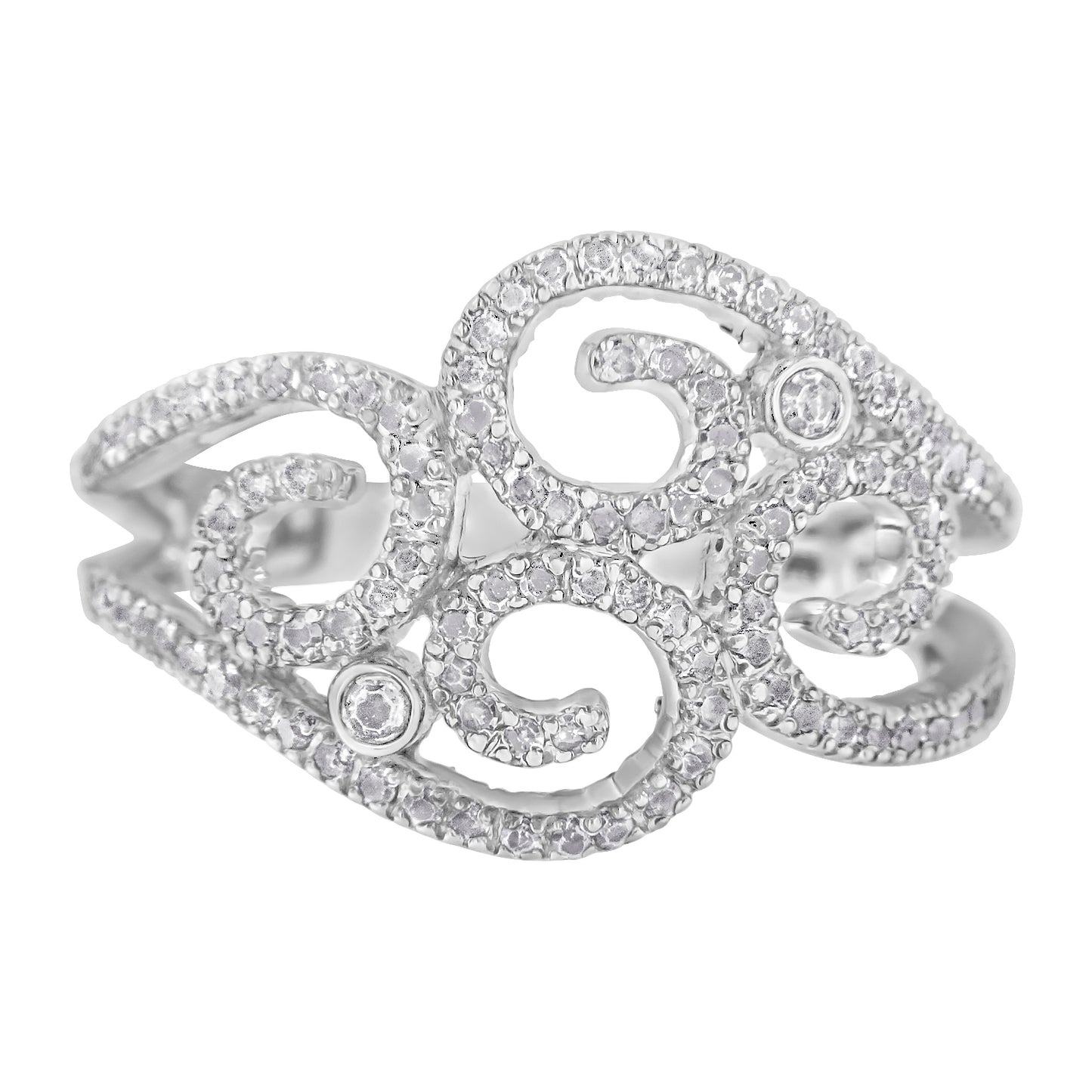 Close-up front angle of a white metal ring with an openwork swirl design, adorned with numerous small white gemstones in prong settings and two larger round white gemstones in bezel settings.