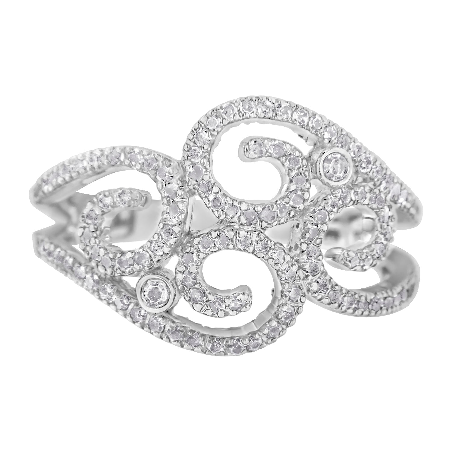Close-up front angle of a white metal ring with an openwork swirl design, adorned with numerous small white gemstones in prong settings and two larger round white gemstones in bezel settings.