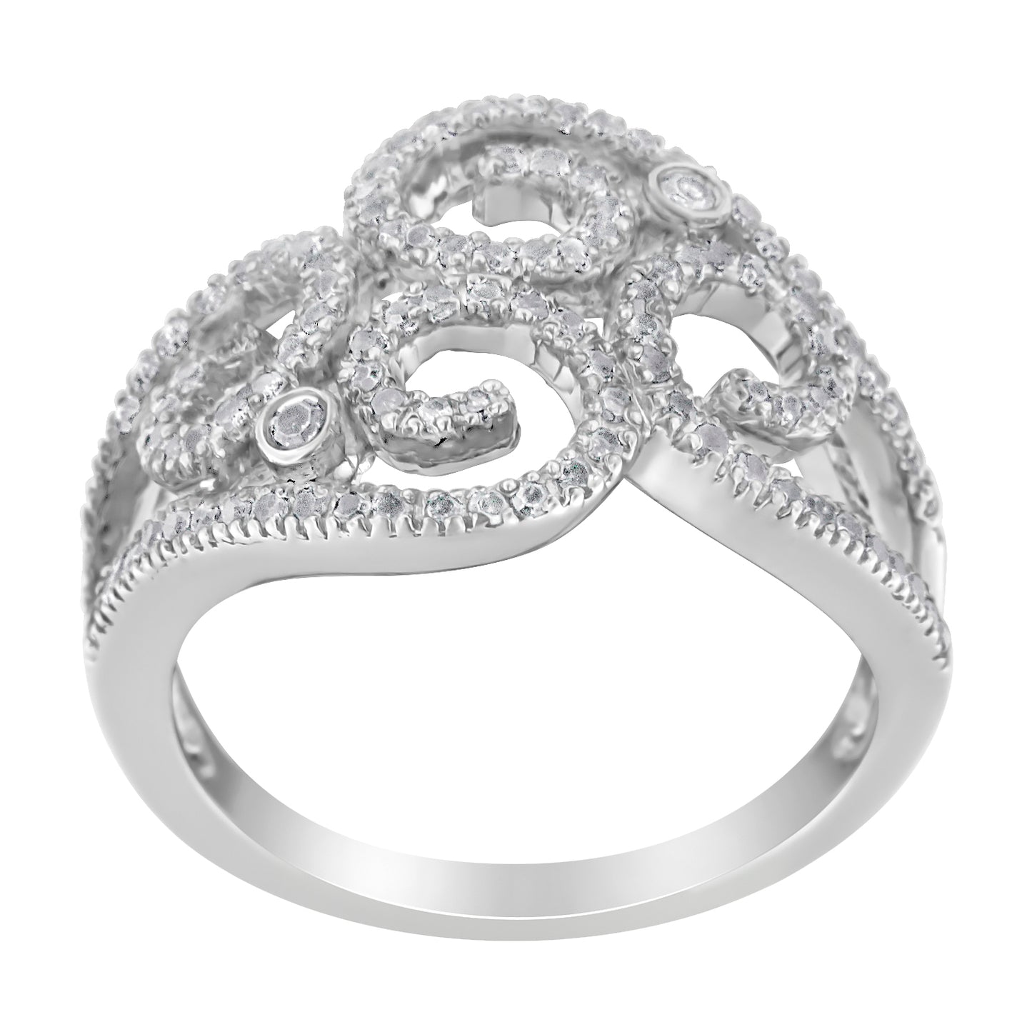 White metal ring with intricate swirling design featuring numerous round white gemstones in prong settings and two round white gemstones in bezel settings, shown from a front angled view.